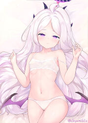 Rule 34 | 1girl, ahoge, bare shoulders, blue archive, blush, bra, breasts, chiyami, collarbone, forehead, halo, hina (blue archive), horns, long hair, looking at viewer, multiple horns, navel, panties, parted bangs, purple eyes, small breasts, solo, thighs, underwear, white bra, white hair, white panties, wings