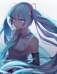 Rule 34 | 1girl, absurdres, arm tattoo, bare shoulders, blue eyes, blue hair, breasts, buttons, closed mouth, collared shirt, detached sleeves, floating hair, green eyes, green hair, green necktie, grey shirt, hair between eyes, hair ornament, hands up, hatsune miku, headphones, highres, long hair, looking at viewer, necktie, shirt, simple background, sleeveless, sleeveless shirt, small breasts, smile, solo, standing, tattoo, tenmuki, tie clip, twintails, upper body, very long hair, vocaloid, wind, wing collar