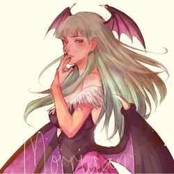 Rule 34 | 1girl, animal print, bare shoulders, bat print, bat wings, bayneezone, black nails, breasts, character name, green hair, hand to own mouth, head wings, hime cut, long hair, looking at viewer, morrigan aensland, nail polish, pantyhose, parted lips, print pantyhose, simple background, solo, vampire (game), white background, wings