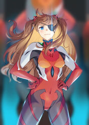 Rule 34 | 1girl, blue eyes, blurry, blurry background, blush, bodysuit, breasts, covered navel, eva 02, evangelion: 3.0 you can (not) redo, eyepatch, hair ornament, hands on own hips, highres, interface headset, long hair, looking at viewer, medium breasts, multicolored bodysuit, multicolored clothes, nakaga eri, neon genesis evangelion, orange bodysuit, orange hair, pilot suit, plugsuit, rebuild of evangelion, red bodysuit, smile, solo, souryuu asuka langley, white bodysuit