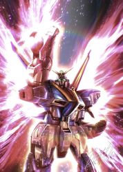 Rule 34 | clenched hand, energy wings, green eyes, gundam, looking up, mecha, mobile suit, no humans, robot, signature, solo, space, totthii0081, v-fin, v2 gundam, victory gundam