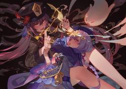 Rule 34 | 2girls, absurdres, braid, braided ponytail, brown hair, chinese clothes, closed eyes, fang, genshin impact, ghost, hair ornament, hat, highres, hu tao (genshin impact), jewelry, jiangshi, long sleeves, multiple girls, nail polish, open mouth, purple eyes, purple hair, qiqi (genshin impact), red eyes, ring, rui (gsr1982), smile, symbol-shaped pupils, talisman, twintails
