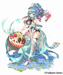 Rule 34 | 1girl, aqua hair, bad id, bad pixiv id, bare shoulders, basket, blush, breasts, cleavage, cleavage cutout, clothing cutout, doughnut, flower, food, hair flower, hair ornament, highres, large breasts, long hair, looking at viewer, multicolored hair, official art, open mouth, pelvic curtain, ponytail, purple eyes, shinobi nightmare, simple background, smile, solo, standing, thighhighs, two-tone hair, weapon, yuui hutabakirage