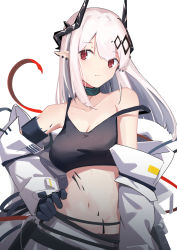 Rule 34 | 1girl, absurdres, arknights, armband, black gloves, black tank top, breasts, chichi guai, chinese commentary, cleavage, closed mouth, coat, collarbone, commentary, cowboy shot, crop top, demon horns, ear piercing, expressionless, gloves, hair ornament, hand on own hip, highres, horns, infection monitor (arknights), long hair, looking at viewer, looking to the side, material growth, medium breasts, midriff, mudrock (arknights), mudrock (elite ii) (arknights), navel, off shoulder, open clothes, open coat, oripathy lesion (arknights), piercing, pointy ears, red eyes, silver hair, simple background, solo, strap slip, tank top, white background, white coat