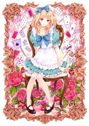 Rule 34 | 1girl, absurdres, alice (alice in wonderland), alice in wonderland, apron, blonde hair, bow, breasts, card, cleavage, floating card, floating card, flower, food, fruit, hair bow, highres, kishida mel, mary janes, playing card, polka dot, red rose, rose, shoes, small breasts, smile, solo, strawberry