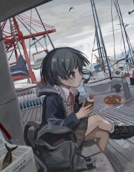 Rule 34 | 1girl, backpack, bag, bird, black footwear, black hair, boat, bottle, bow, bowtie, crane (machine), crossed legs, dock, dot mouth, fish, grey eyes, grey skirt, highres, holding, holding bottle, hood, hood down, hoodie, lifebuoy, long sleeves, looking ahead, original, outdoors, overcast, profile, red bow, red bowtie, shiranome, shirt, shoes, short hair, sitting, skirt, sky, sneakers, solo, swim ring, twitter username, watercraft, white shirt