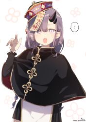 Rule 34 | !, 1girl, :o, absurdres, black capelet, black dress, blush, capelet, commission, dress, eyes visible through hair, fangs, grey hair, hair over one eye, hand up, hat, highres, horns, long sleeves, looking at viewer, mole, mole under eye, ofuda, open mouth, original, pelvic curtain, purple hat, qingdai guanmao, signature, simple background, skeb commission, sofra, solo, spoken exclamation mark, tilted headwear, twitter username, white background