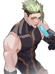 Rule 34 | 1boy, abs, absurdres, achilles (fate), achilles (fearless diver) (fate), armband, black armband, black gloves, black shirt, collarbone, fate/grand order, fate (series), food, gloves, green hair, haruakira, highres, holding, holding food, holding popsicle, large pectorals, male focus, pectorals, popsicle, shirt, sidepec, simple background, solo, sweatdrop, tongue, tongue out, undercut, white background, yellow eyes