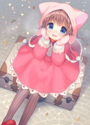 Rule 34 | 1girl, animal ears, animal hat, blue eyes, blush, braid, brown hair, brown pantyhose, capelet, cat ears, cat hat, center frills, dutch angle, frills, from above, fur-trimmed mittens, fur trim, hands on own cheeks, hands on own face, hat, long sleeves, looking at viewer, looking up, mary janes, mittens, original, pantyhose, pink capelet, pink hat, pink mittens, pink skirt, pom pom (clothes), red footwear, shirt, shoes, sitting, skirt, solo, striped clothes, striped pantyhose, suitcase, twin braids, usashiro mani, vertical-striped clothes, vertical-striped pantyhose, white shirt