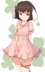 Rule 34 | 1girl, animal ears, arms behind back, blush, brown hair, carrot, carrot necklace, clover, dress, four-leaf clover, highres, inaba tewi, leg ribbon, looking at viewer, necklace, pink dress, rabbit ears, red eyes, ribbon, ribbon trim, shone, short hair, simple background, smile, solo, thigh ribbon, touhou
