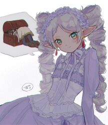 Rule 34 | 1girl, alternate costume, black pantyhose, boots, brown footwear, chin strap, dress, drill hair, earrings, elf, frieren, frieren stuck in a mimic (meme), frilled dress, frilled hairband, frills, green eyes, grey hair, hairband, jewelry, kneeling, lolita fashion, long hair, looking at viewer, meme, mimic, mimic chest, official alternate hairstyle, onisan611, pantyhose, parted bangs, pointy ears, purple dress, purple theme, sharp teeth, simple background, skirt, smile, solo, sousou no frieren, spoken character, teeth, twin drills, twintails, upper body, white background, white skirt