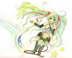 Rule 34 | 1girl, breasts, bridal gauntlets, center opening, green eyes, green hair, hair ribbon, hand on own chest, hatsune miku, hatsune miku (append), kohato, long hair, matching hair/eyes, navel, necktie, open mouth, painting (medium), ribbon, solo, star (symbol), thighhighs, traditional media, twintails, very long hair, vocaloid, vocaloid append, watercolor (medium)