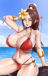 Rule 34 | 1girl, absurdres, aestheticc-meme, arms behind head, beach, bikini, blue sky, breasts, brown hair, cleavage, cloud, fatal fury, female focus, hair ornament, highres, huge breasts, jewelry, navel, necklace, ocean, orange eyes, outdoors, red bikini, red lips, rock, sand, shiranui mai, sitting, sitting on rock, sky, smile, snk, solo, source request, swimsuit, tagme, teeth, the king of fighters
