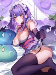 Rule 34 | 1girl, alternate costume, blush, braid, breasts, cleavage, clothes lift, elbow gloves, genshin impact, gloves, highres, large breasts, lifted by self, long hair, looking at viewer, low-braided long hair, low-tied long hair, medium breasts, mole, mole under eye, purple eyes, purple hair, raiden shogun, skirt, skirt hold, skirt lift, solo, thighhighs, very long hair, yuniiho