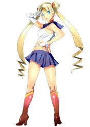 Rule 34 | 1990s (style), 1girl, arm up, ass, bad id, bad pixiv id, bare shoulders, bishoujo senshi sailor moon, blonde hair, blue eyes, blue sailor collar, blue skirt, boots, butt crack, choker, dodai shouji, double bun, earrings, elbow gloves, gloves, hair bun, hair ornament, hand on own hip, highleg, highleg panties, highres, jewelry, knee boots, long hair, looking at viewer, looking back, magical girl, panties, retro artstyle, sailor collar, sailor moon, simple background, skirt, solo, tiara, tsukino usagi, twintails, underwear, v, whale tail (clothing), white gloves