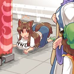 Rule 34 | 3girls, all fours, alternate costume, animal ears, bag, breasts, brown hair, cat ears, chen, coin, contemporary, covering another&#039;s eyes, denim, ear piercing, earrings, from behind, green footwear, green headwear, guard rail, hat, highres, imaizumi kagerou, jeans, jewelry, large breasts, long hair, multiple girls, open mouth, pants, piercing, pmx, red eyes, shirt, short hair, short sleeves, t-shirt, tail, touhou, vending machine, wolf ears, wolf tail, yakumo ran
