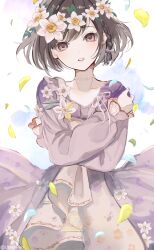 Rule 34 | 1girl, absurdres, braid, brown eyes, brown hair, collar, collarbone, commentary request, dress, dress flower, floral print, frilled dress, frilled sleeves, frills, gradient background, head wreath, highres, holding own arm, kagirinaku haiiro e (vocaloid), long sleeves, looking at viewer, mitasarenai pale color (project sekai), official alternate costume, open mouth, petals, pink dress, pink ribbon, project sekai, puffy long sleeves, puffy sleeves, ribbon, shinonome ena, short hair, side braid, solo, swept bangs, twitter username, utakapen, wind