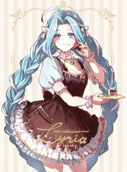 Rule 34 | 1girl, ahoge, apron, black apron, blue dress, blue eyes, blue hair, bow, braid, breasts, character name, choker, cowboy shot, dress, eating, food, food on face, frilled apron, frilled dress, frills, full mouth, granblue fantasy, hair bow, holding, holding plate, jewelry, lolita fashion, long hair, looking at viewer, lyria (granblue fantasy), medium breasts, necklace, parted bangs, patterned background, plate, puffy short sleeves, puffy sleeves, satuko8, short sleeves, solo, sweet lolita, twin braids, white choker, wrist cuffs