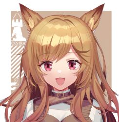 Rule 34 | 1girl, :3, animal ears, arknights, blue shrimp, blush, breasts, brown hair, ceobe (arknights), choker, cleavage, fang, fox ears, happy, long hair, looking at viewer, open mouth, pink eyes, small breasts, smile, solo, upper body