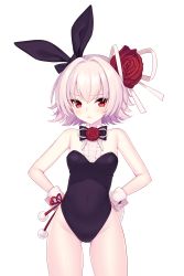 Rule 34 | 1girl, animal ears, bare shoulders, black leotard, black ribbon, breasts, embarrassed, eve (soccer spirits), fake animal ears, flower, gluteal fold, hair flower, hair ornament, hands on own hips, highres, leotard, looking at viewer, official art, pink hair, playboy bunny, rabbit ears, red eyes, red flower, red rose, resized, ribbon, rose, shirahane nao, short hair, side-tie leotard, small breasts, soccer spirits, solo, transparent background, upscaled