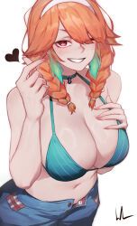 Rule 34 | 1girl, absurdres, aqua hair, bare arms, bare shoulders, bikini, bikini top only, bikini under shorts, bluecup, braid, breasts, choker, cleavage, commentary, eyes visible through hair, finger heart, green bikini, green choker, hair over one eye, hairband, hand on own chest, heart, highres, hololive, hololive english, large breasts, long hair, looking at viewer, multicolored hair, navel, no shirt, official alternate costume, one eye closed, one eye covered, orange hair, parted lips, red eyes, simple background, smile, solo, swimsuit, takanashi kiara, takanashi kiara (casual), twin braids, two-tone hair, virtual youtuber, white background, white hairband