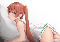 Rule 34 | 1girl, ass, bad id, bad pixiv id, bare shoulders, blush, brown eyes, brown hair, dark-skinned female, dark skin, dress, hair ornament, hair ribbon, hugging object, kantai collection, libeccio (kancolle), long hair, looking at viewer, lying, ne an ito, on stomach, panties, pillow, pillow hug, ribbon, sailor dress, sleeveless, sleeveless dress, solo, striped clothes, striped panties, twintails, underwear