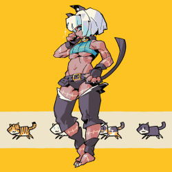 Rule 34 | 1girl, bare shoulders, barefoot, bob cut, cat, cat girl, claws, dark-skinned female, dark skin, detached leggings, fingerless gloves, gloves, highres, ippitsusai (outtake), licking, ms. fortune (skullgirls), open mouth, scar, short hair, skullgirls, solo, tiger, tongue, tongue out, white hair, yellow background