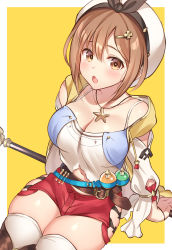 Rule 34 | 1girl, :d, :o, atelier (series), atelier ryza, atelier ryza 1, breasts, brown eyes, brown hair, cleavage, commentary request, hair ornament, hairclip, hat, highres, jewelry, large breasts, looking at viewer, navel, necklace, open mouth, red shorts, reisalin stout, shiyo yoyoyo, short hair, short shorts, shorts, simple background, sitting, smile, solo, star (symbol), thighhighs, thighs, white hat, white thighhighs, yellow background