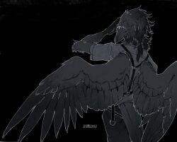 Rule 34 | 1boy, artist name, bird boy, bird tail, bird wings, black background, black hair, commentary, cowboy shot, feathered wings, from behind, furry, furry male, greyscale, hand on own head, hand up, highres, looking at viewer, looking back, low ponytail, male focus, monochrome, original, outline, pants, pink eyes, shirt, shuini xiaomao, signature, simple background, slit pupils, solo, spot color, standing, suspenders, symbol-only commentary, tail, white outline, wings