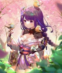 Rule 34 | 1girl, animal, animal on head, bird, bird on hand, bird on head, blurry, blurry foreground, braid, breasts, cleavage, closed mouth, cowboy shot, flower, forest, genshin impact, hair flower, hair ornament, highres, japanese clothes, kimono, kiramarukou, long hair, long sleeves, low-braided long hair, low-tied long hair, mitsudomoe (shape), nature, obi, obiage, obijime, on head, outdoors, purple eyes, purple flower, purple hair, purple kimono, raiden shogun, sash, standing, tomoe (symbol), tree, wide sleeves