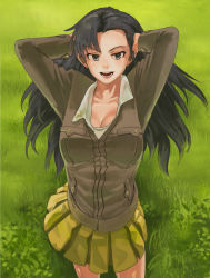 Rule 34 | 1girl, black eyes, black hair, blunt bangs, breasts, chi-hatan military uniform, cleavage, collarbone, girls und panzer, grass, hair in hair, hand in own hair, long hair, looking to the side, nishi kinuyo, open mouth, pleated skirt, sakamoto kengo, skirt, solo, teeth, thighs, yellow skirt
