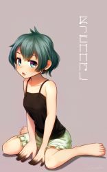 Rule 34 | 10s, 1girl, alternate costume, bare arms, bare shoulders, barefoot, between legs, black hair, bloomers, blue eyes, collarbone, commentary request, hand between legs, highres, kaban (kemono friends), kemono friends, no headwear, no headwear, open mouth, partial commentary, short hair, simple background, sitting, sleeveless, solo, translation request, triangle mouth, undershirt, underwear, wariza, welt (kinsei koutenkyoku)