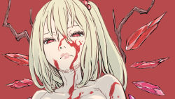 Rule 34 | 1girl, blood, blood on face, closed mouth, expressionless, flandre scarlet, hair between eyes, highres, kawayabug, lips, looking at viewer, portrait, red background, red eyes, side ponytail, silver hair, solo, touhou