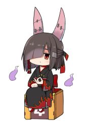 Rule 34 | 1girl, animal ears, azur lane, black hair, braid, chibi, closed mouth, full body, hair over one eye, japanese clothes, kimono, long sleeves, looking at viewer, moru (monaka), multicolored hair, ok sign, rabbit ears, red eyes, red hair, shiranui (azur lane), side braid, simple background, sitting, solo, tech box (azur lane), white background, wide sleeves