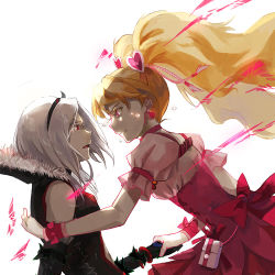 Rule 34 | 2girls, areazero, back bow, black gloves, blonde hair, bow, bustier, closed mouth, cure heart, cure peach, earrings, eas (fresh precure!), elbow gloves, eye contact, floating hair, fresh precure!, frilled gloves, frills, from side, gloves, hair ornament, heart, heart earrings, heart hair ornament, higashi setsuna, holding hands, jewelry, long hair, looking at another, momozono love, multiple girls, open mouth, pink shirt, precure, profile, red bow, red eyes, red skirt, shirt, short sleeves, silver hair, simple background, skirt, sleeveless, tears, very long hair, white background