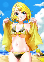 Rule 34 | 1boy, 1girl, absurdres, adapted costume, aqua eyes, azusa (azunyan12), beach, beach towel, bikini, black male swimwear, black swim trunks, blonde hair, blue sky, breasts, chibi, cleavage, cloud, collarbone, commentary, cowboy shot, day, eyes visible through hair, food, fruit, gluteal fold, grin, hair ornament, hairclip, halterneck, hat, heart, highres, jacket, kagamine len, kagamine rin, lens flare, lipstick, looking at viewer, makeup, male swimwear, medium breasts, navel, number tattoo, ocean, open clothes, open jacket, removing jacket, sand writing, short hair, short ponytail, shoulder tattoo, skindentation, sky, smile, solo focus, sparkle, spoken heart, squatting, string bikini, summer, sun hat, swim trunks, swimsuit, tattoo, topless male, towel, underboob, undressing, vocaloid, watermelon, writing