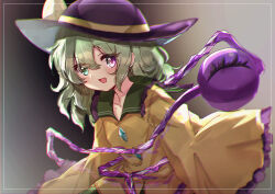 Rule 34 | absurdres, black hat, blush, bow, buttons, commentary request, diamond button, eyeball, frilled shirt collar, frilled sleeves, frills, green eyes, green hair, hat, hat bow, heterochromia, highres, komeiji koishi, kutabiretainu, long hair, long sleeves, looking at viewer, open mouth, pink eyes, shirt, smile, third eye, touhou, wide sleeves, yellow bow, yellow shirt