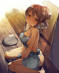 Rule 34 | 1girl, apron, ass, barefoot, blush, bowl, breasts, brown eyes, brown hair, cleavage, collarbone, commentary request, cream, cream on face, day, food, food on face, hair between eyes, highres, idolmaster, idolmaster cinderella girls, indoors, large breasts, long hair, looking at viewer, mifune miyu, mixing bowl, naked apron, ponytail, seneto, sideboob, sitting, solo, v arms, wariza, whisk, wooden floor
