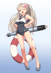 Rule 34 | 1girl, alternate costume, blue background, bracelet, breasts, brown eyes, conte di cavour (kancolle), cosplay, crop top, flower, full body, gradient background, hair flower, hair ornament, holding, holding torpedo, jewelry, kantai collection, large breasts, lifebuoy, long hair, long sleeves, moke ro, old school swimsuit, one-piece swimsuit, one eye closed, open mouth, oppai loli, ro-500 (kancolle), ro-500 (kancolle) (cosplay), sailor collar, sailor shirt, school swimsuit, school uniform, serafuku, shirt, silver hair, smile, solo, swim ring, swimsuit, swimsuit under clothes, torpedo, two side up