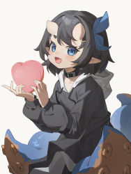 Rule 34 | 1girl, :d, absurdres, black collar, black hair, black hoodie, blue eyes, blue ribbon, blush, collar, collarbone, drawstring, eyelashes, fang, hair ornament, hair ribbon, hairclip, hands up, heart, heart-shaped pillow, highres, holding, hood, hood down, hoodie, horns, lmonster guai, long sleeves, looking at viewer, oni, open mouth, original, pillow, pointy ears, ribbon, short eyebrows, short hair, sidelocks, skin-covered horns, skin fang, smile, solo, tentacles, thick eyebrows, upper body, white background