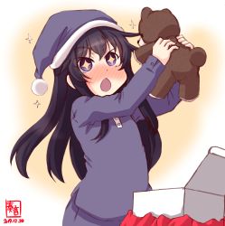 Rule 34 | 1girl, akatsuki (kancolle), alternate costume, artist logo, blush, box, christmas, cowboy shot, dated, flat chest, gift, gift box, gradient background, grey pants, hair between eyes, hat, highres, holding, holding stuffed toy, kanon (kurogane knights), kantai collection, long hair, long sleeves, messy hair, nightcap, open mouth, pajamas, pants, purple eyes, purple hair, signature, smile, solo, sparkling eyes, stuffed animal, stuffed toy, surprised, teddy bear, v-shaped eyebrows, very long hair, white background, yellow background