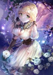 Rule 34 | 1girl, absurdres, blonde hair, blush, braid, bustier, closed mouth, detached sleeves, dress, flower, highres, holding, looking at viewer, original, panties, see-through, short hair with long locks, sidelocks, sleeveless, sleeveless dress, smile, solo, underwear, vangee, wet, wet clothes, wet dress, white dress, white flower, white panties, wings