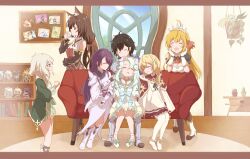 Rule 34 | 1boy, 6+girls, ahoge, animal ears, black hair, blonde hair, cat ears, character doll, closed eyes, commentary request, couch, full body, grey hair, karyl (princess connect!), kokkoro (princess connect!), long hair, medium hair, multiple girls, open clothes, pecorine (princess connect!), photo (object), plant, pointy ears, potted plant, princess connect!, clear (princess connect!), lily (princess connect!), sitting, sitting on person, sleeping, standing, tetorariumu, tiara, window