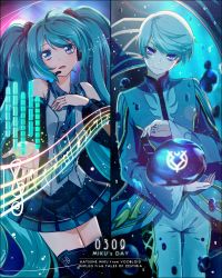 Rule 34 | 1boy, 1girl, ahoge, black skirt, black sleeves, black thighhighs, blue eyes, blue hair, blue jacket, character name, closed mouth, copyright name, cowboy shot, dated, detached sleeves, dress shirt, floating hair, frilled shirt, frills, grey shirt, hair ornament, hatsune miku, headset, jacket, long hair, long sleeves, looking at viewer, microphone, mikleo (tales), miniskirt, monicanc, open mouth, outstretched arm, pants, pleated skirt, shirt, silver hair, skirt, sleeveless, sleeveless shirt, smile, split screen, swept bangs, tales of (series), tales of zestiria, tears, thighhighs, twintails, very long hair, vocaloid, white pants, zettai ryouiki