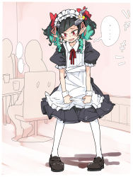 Rule 34 | +++, ..., 1girl, 2others, nanashi inc., alternate costume, alternate hairstyle, apron, black dress, black hair, blue hair, blush, bow, brown footwear, commentary request, demon girl, demon horns, dress, enmaided, fang, flat chest, flower, frilled apron, frills, full body, hair bow, hair ribbon, highres, horn flower, horns, indoors, looking down, maid, maid headdress, medium hair, multicolored hair, multiple others, neck ribbon, open mouth, orange flower, pantyhose, people, pink ribbon, pointy ears, puffy short sleeves, puffy sleeves, red bow, red eyes, red ribbon, ribbon, shishio chris, shoes, short sleeves, solo focus, spoken ellipsis, standing, sugar lyric, sweat, table, tomatojam, two-tone hair, two side up, virtual youtuber, white apron, white pantyhose, wrist cuffs
