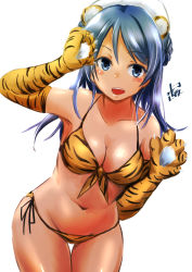 Rule 34 | 1girl, animal ears, animal hands, animal print, blue eyes, blue hair, breasts, cleavage, commentary request, elbow gloves, front-tie top, gloves, hat, highres, kantai collection, leaning forward, looking at viewer, medium breasts, medium hair, mizuya chiharu, navel, one-hour drawing challenge, paw gloves, sailor hat, simple background, solo, tail, thigh gap, tiger ears, tiger print, tiger tail, urakaze (kancolle), white background