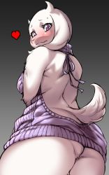 Rule 34 | 1girl, animal ears, artist request, ass, bare back, bare shoulders, blush, breasts, dress, furry, furry female, furry with furry, goat, goat ears, goat girl, goat horns, goat tail, grey background, heart, highres, horns, long ears, looking at viewer, looking back, medium breasts, meme attire, purple eyes, simple background, sweater, sweater dress, tail, toriel, undertale, virgin killer sweater