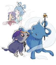 Rule 34 | 2girls, animal focus, animalization, bags under eyes, black hair, black ribbon, blue cat, blue hair, cabbie hat, cat, closed eyes, closed mouth, commentary, dog, english commentary, full body, hagoromo, hair ornament, hair rings, hair stick, hat, hat ornament, highres, himuhino, jiangshi, kaku seiga, miyako yoshika, multiple girls, neck ribbon, ofuda, open mouth, purple headwear, ribbon, shawl, simple background, smile, star (symbol), star hat ornament, tongue, tongue out, touhou, whiskers, white background