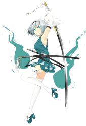 Rule 34 | 1girl, absurdres, adapted costume, aqua eyes, aqua skirt, armpits, bad id, bad twitter id, black hairband, closed mouth, detached sleeves, from side, full body, geta, hairband, highres, holding, holding sword, holding weapon, katana, konpaku youmu, leg up, legs up, long sleeves, looking at viewer, looking to the side, platform clogs, pleated skirt, sheath, sheathed, short hair, silver hair, skirt, smile, solo, standing, standing on one leg, suiu shinotsuku, sword, tassel, thighhighs, touhou, tsurime, unsheathed, vest, weapon, white thighhighs, zettai ryouiki