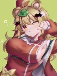 Rule 34 | 1girl, absurdres, ahoge, airy production, animal ears, armpits, arms up, blonde hair, bow, breasts, detached sleeves, hair ornament, hairclip, highres, large breasts, leaf, leaf on head, long sleeves, looking at viewer, neit ni sei, one eye closed, raccoon ears, sideboob, solo, tears, upper body, virtual youtuber, yashima momiji (vtuber), yellow eyes
